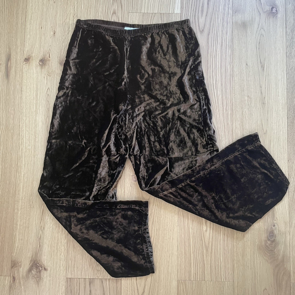 VTG Brown Crushed Velvet Pants L‎ Pull On Wide Leg Elastic Waist Lounge 90s Y2K